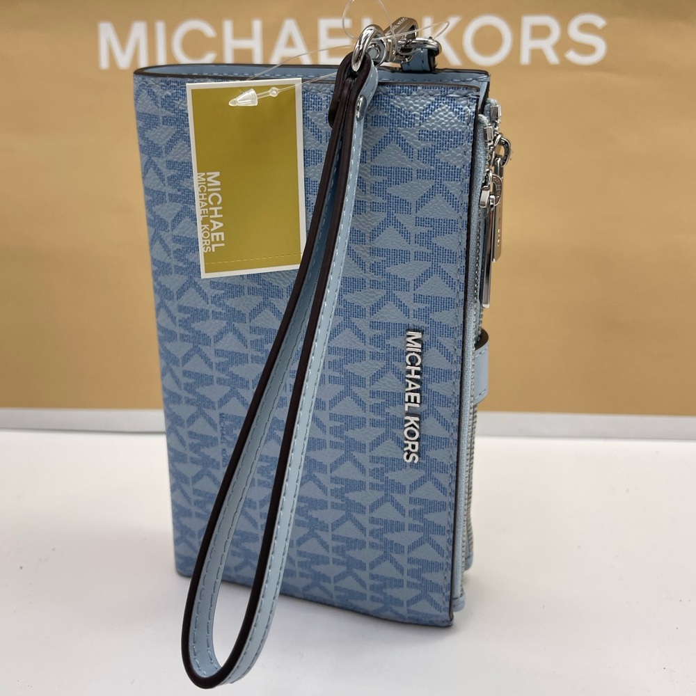 MICHAEL KORS JST Lg Double Zip Signature Logo Wristlet Wallet
Pale Ocean 
NWT